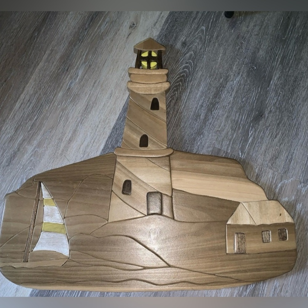 Homemade Wooden Lighthouse Sailboat Wall Art Handmade Natural Wood Under 20”